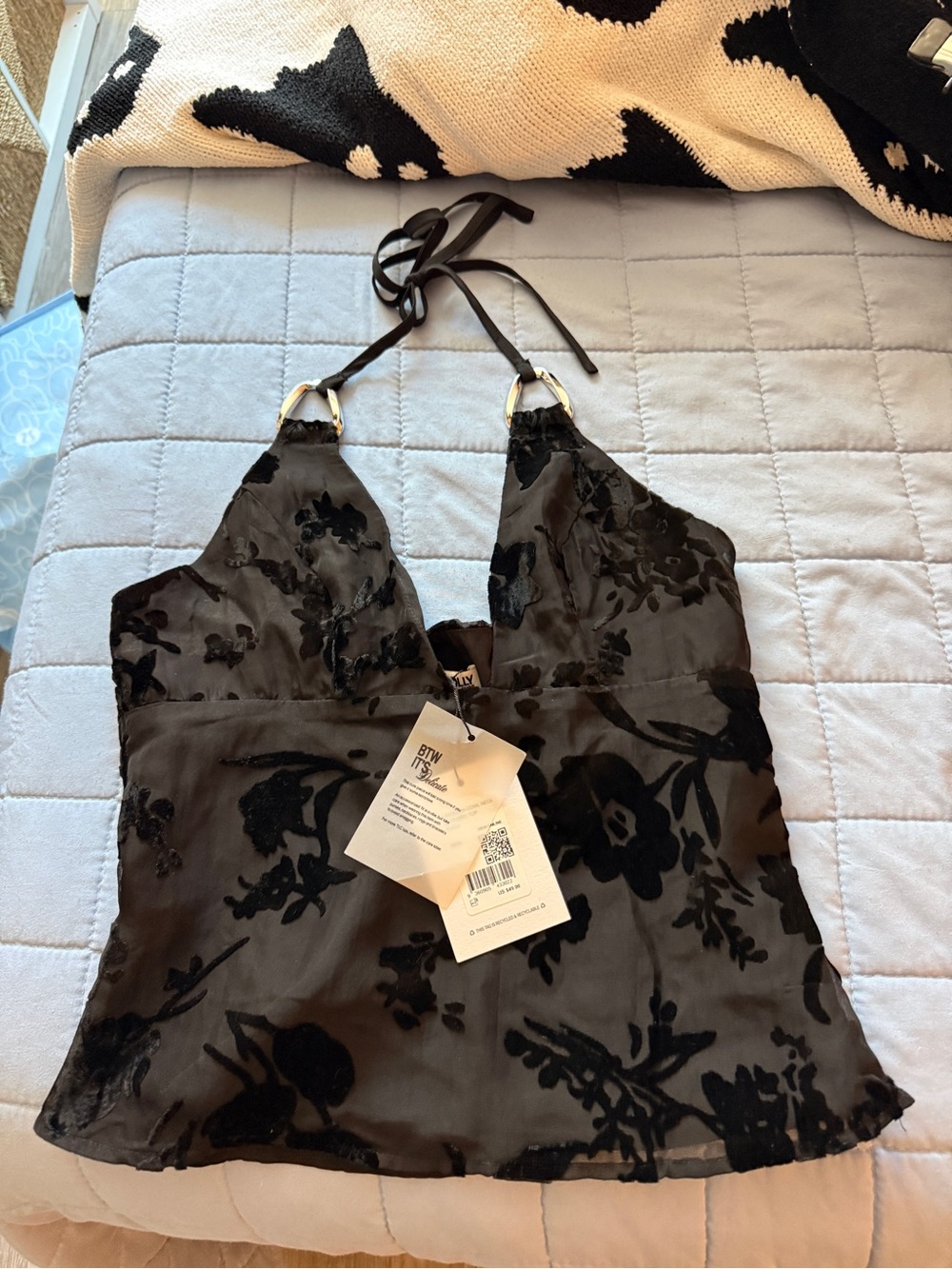 Princess Polly NWT Black Floral Velvet Halter Camisole Top